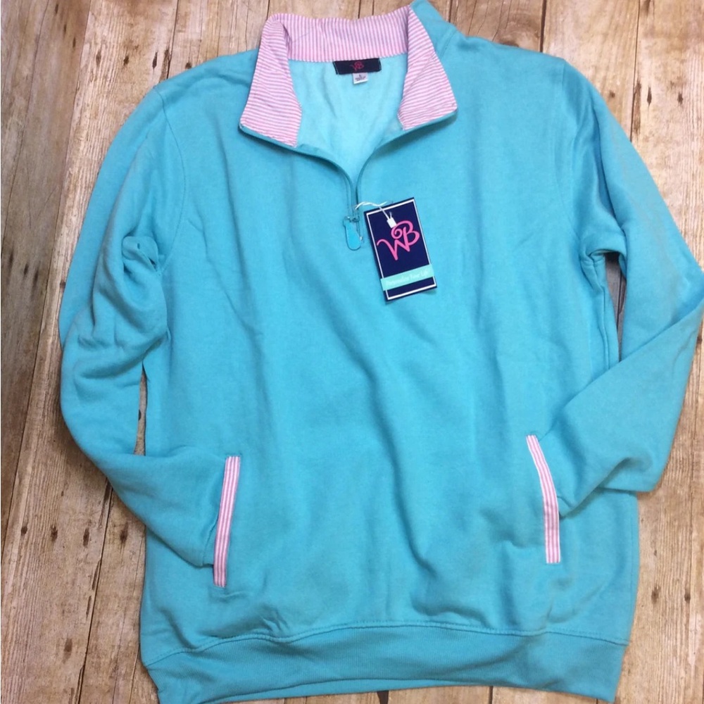 🩵 NWT Super Preppy 1/4 Zip Pullover Seersucker/Gingham Trim Kangaroo pockets XL